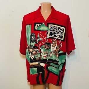 Vtg Dragonfly Dogs Playing Poker Button Up Shirt Sz XXL Gambling Cards Bulldog